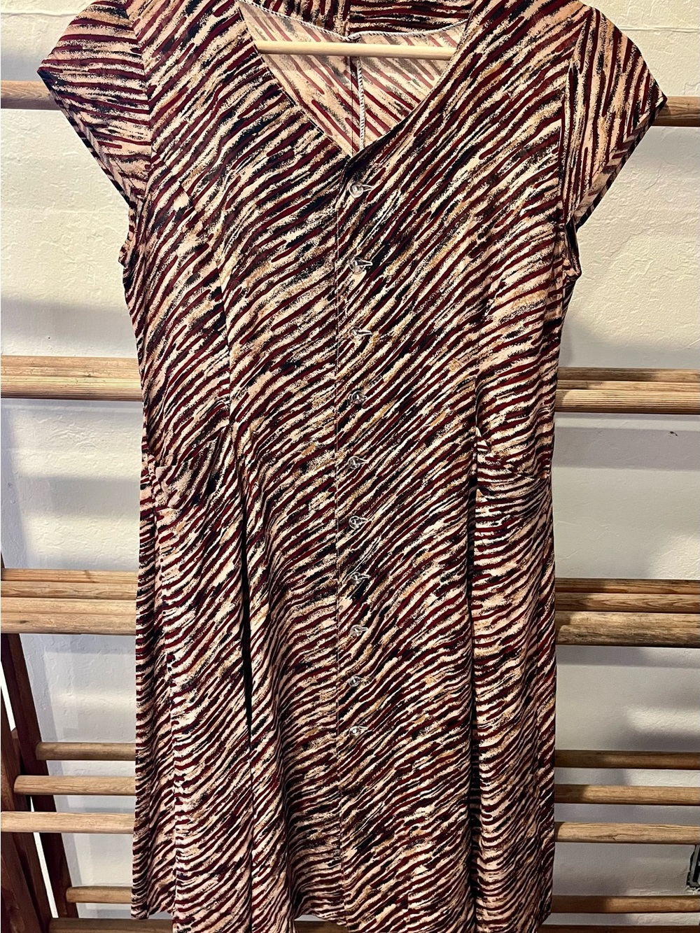 Vintage Brown and Cream Animal Print  Striped Button-Front Dress